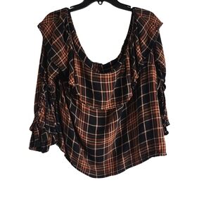 INC International Concepts Black and Orange Plaid Ruffle Blouse